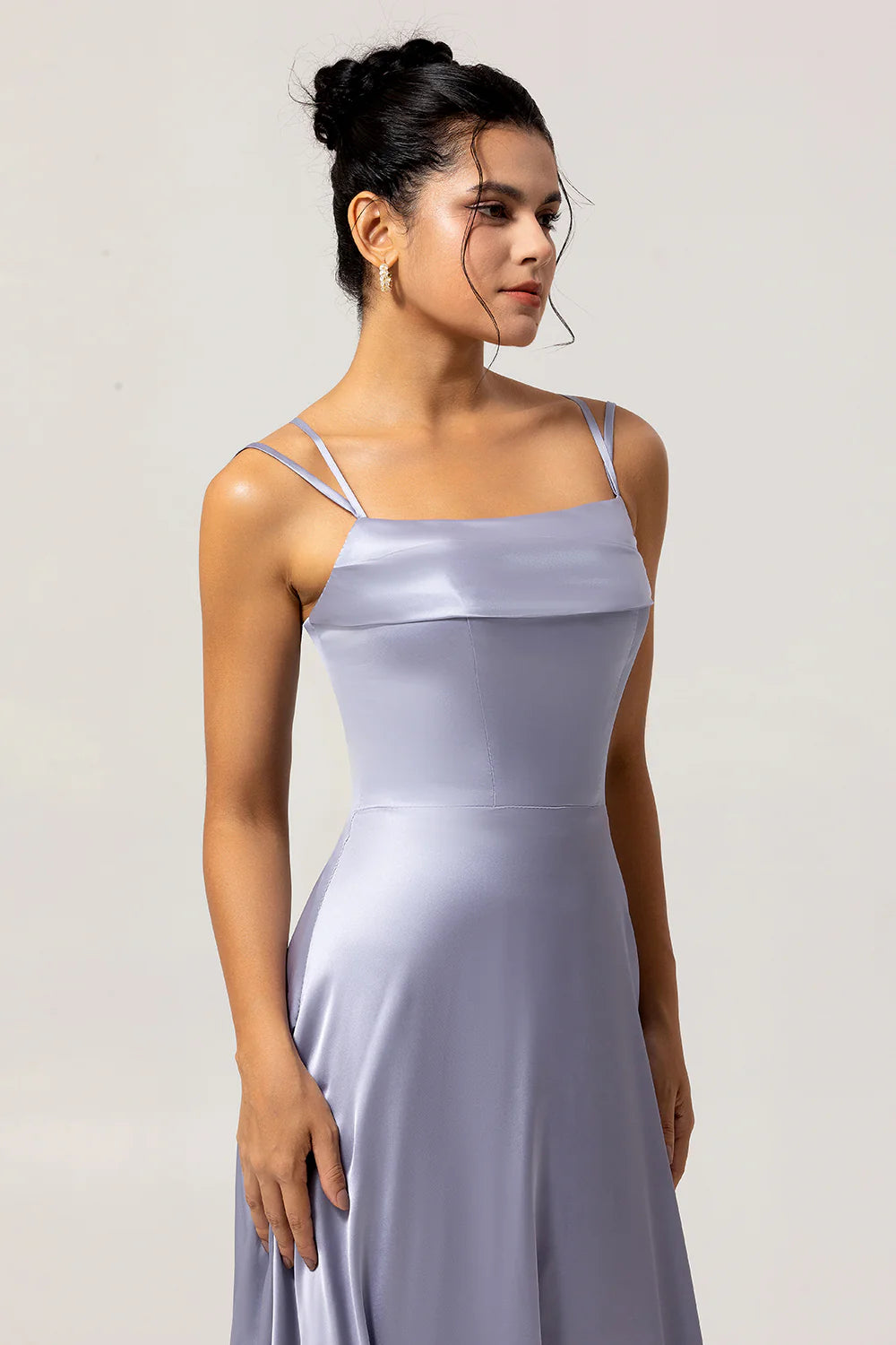 Dusty Blue A Line Spaghetti Straps Satin Long Bridesmaid Dress with Lace Up Back