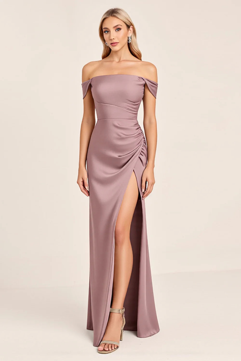 Vintage Mauve A Line Off The Shoulder Ruched Bridesmaid Dress