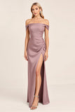 Vintage Mauve A Line Off The Shoulder Ruched Bridesmaid Dress