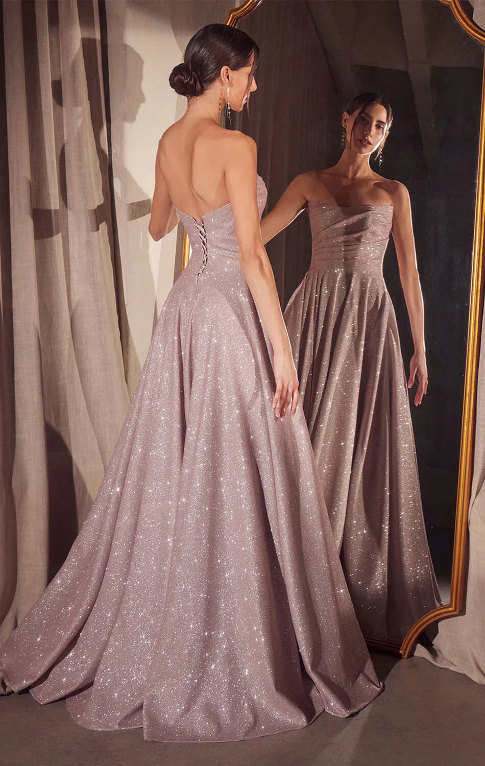 Quinn Gown Long Strapless Glitter A line Dress