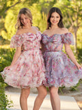 Ivana A Line Off the Shoulder Printed Tulle Short Homecoming Dress