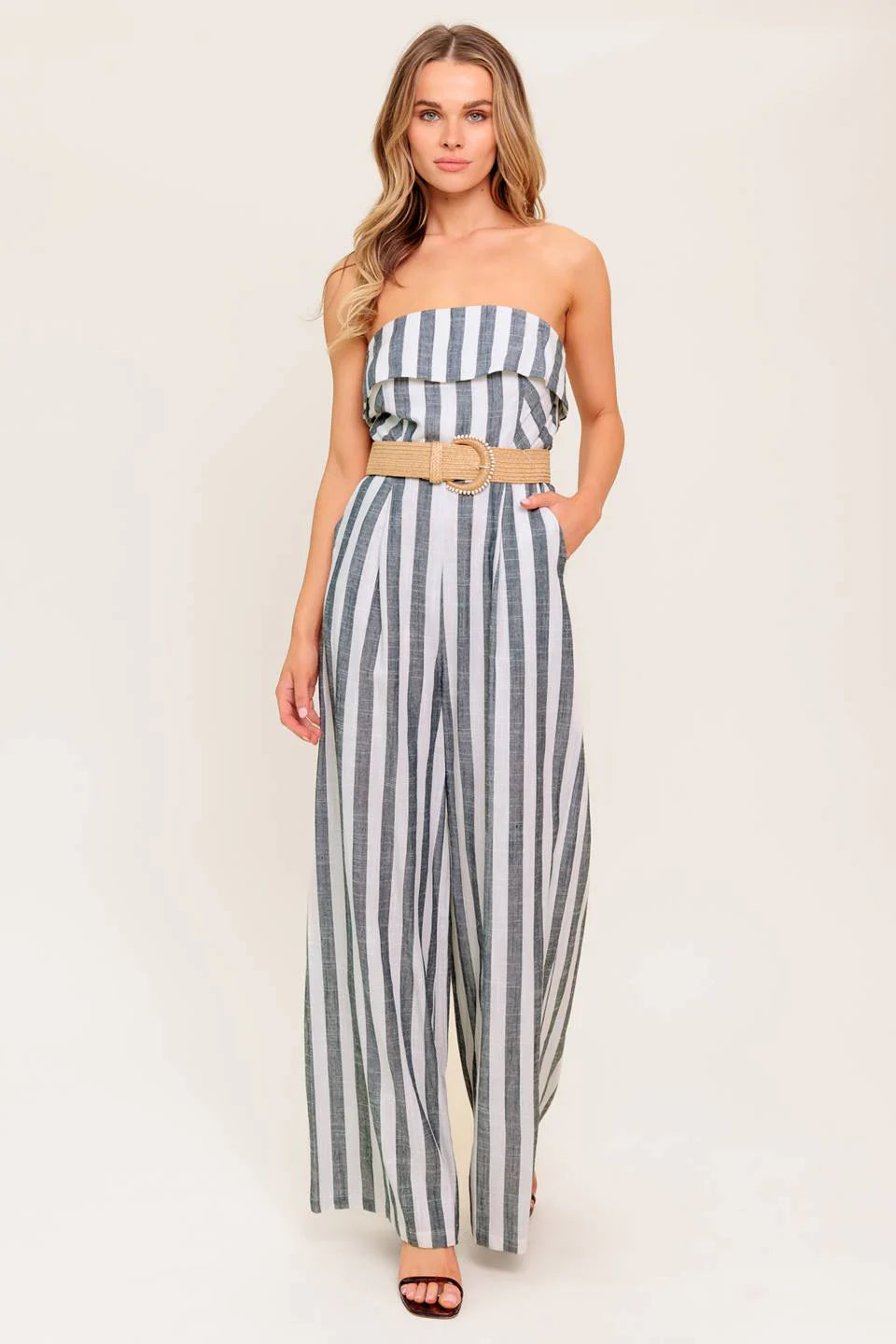 GREER STRAPLESS JUMPSUIT WHITE CHARCOAL STRIPE