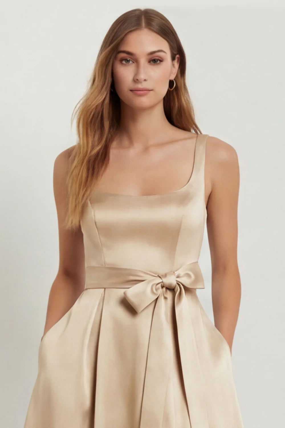 Light Blue A Line Square Neck Bow Satin Long Bridesmaid Dress with Slit