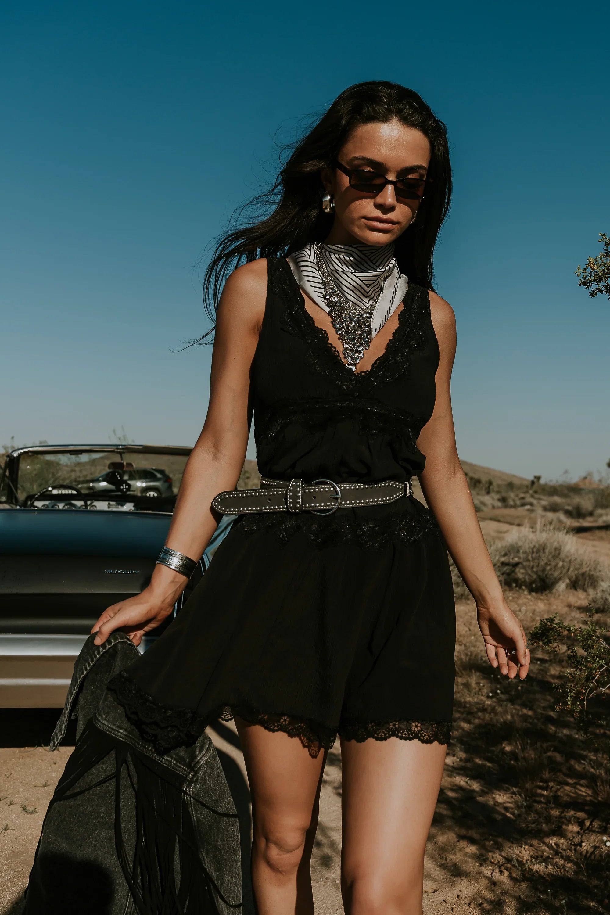 Quinny Lace Trim Mini Dress in Black