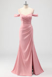 Blush Mermaid Cold Shoulder Ruched Satin Long Bridesmaid Dress with Slit