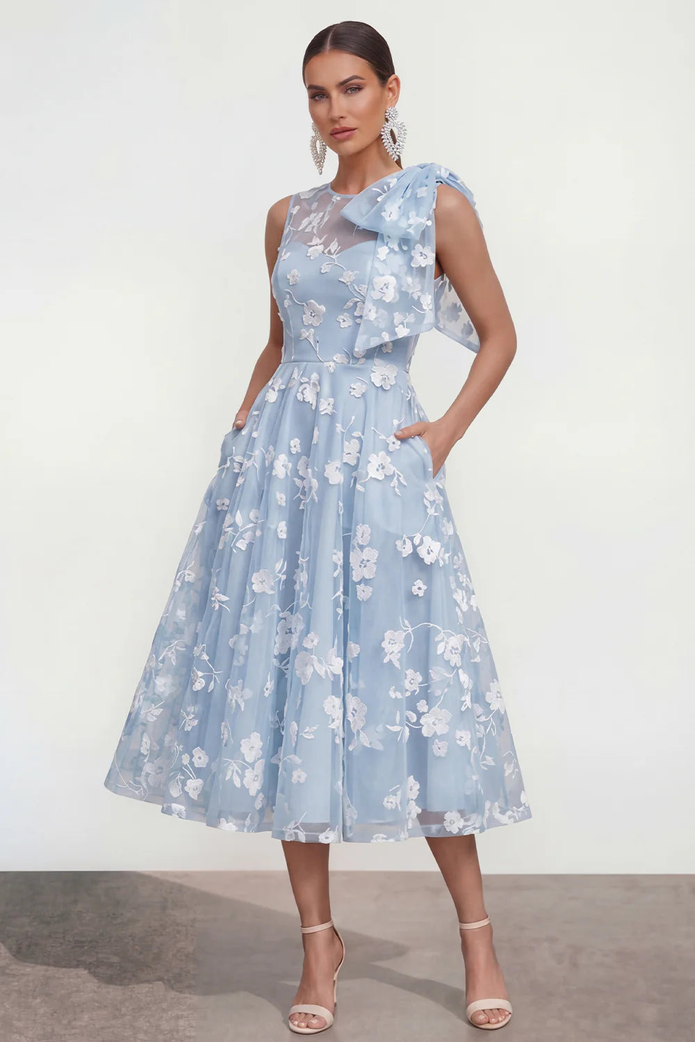 Floral Apricot A Line Bowed Midi Wedding Guest Dress