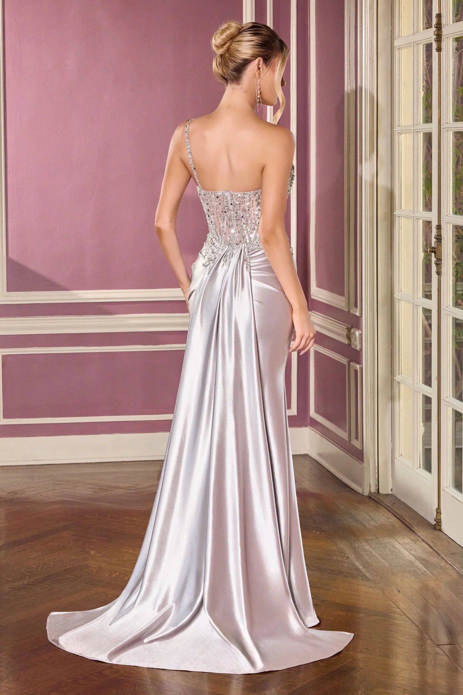 Kendra Gown Silver Dress With Train Skirt Inset Detail