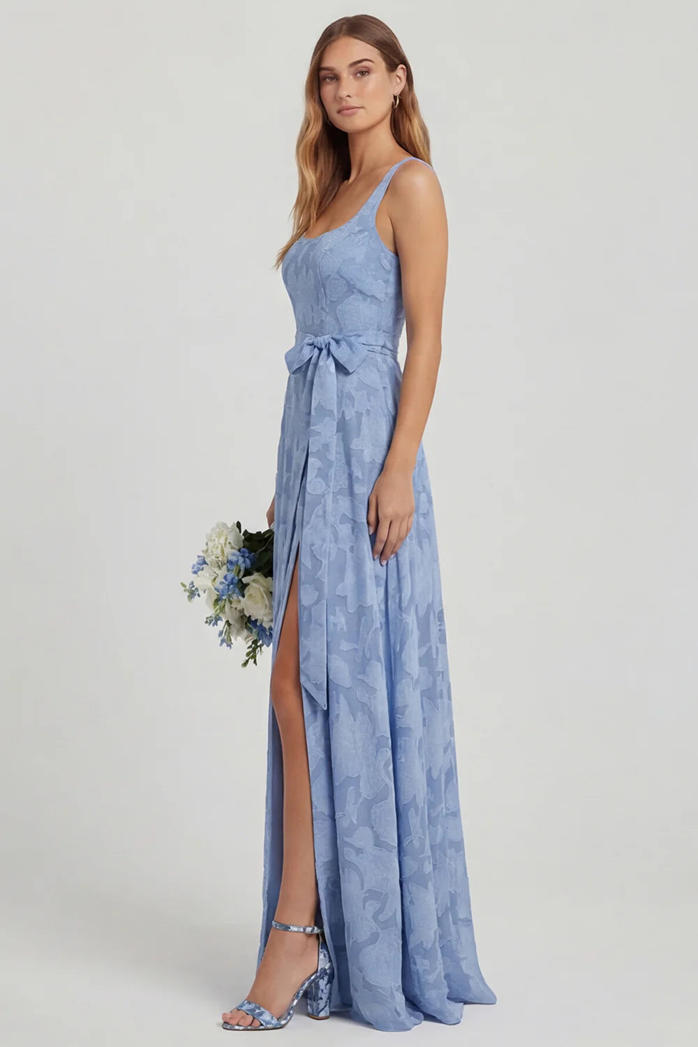 Dusty Blue Floral A Line Chiffon Long Bridesmaid Dress with Slit