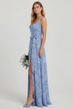Dusty Blue Floral A Line Chiffon Long Bridesmaid Dress with Slit