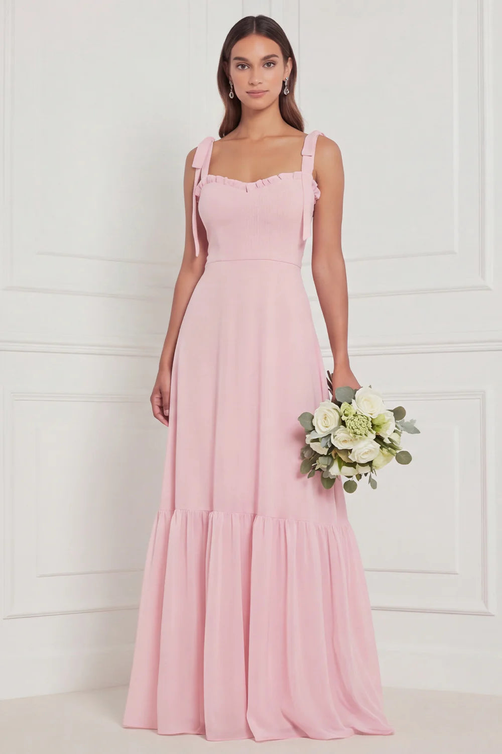 Blue Floral A Line Square Neck Long Bridesmaid Dress