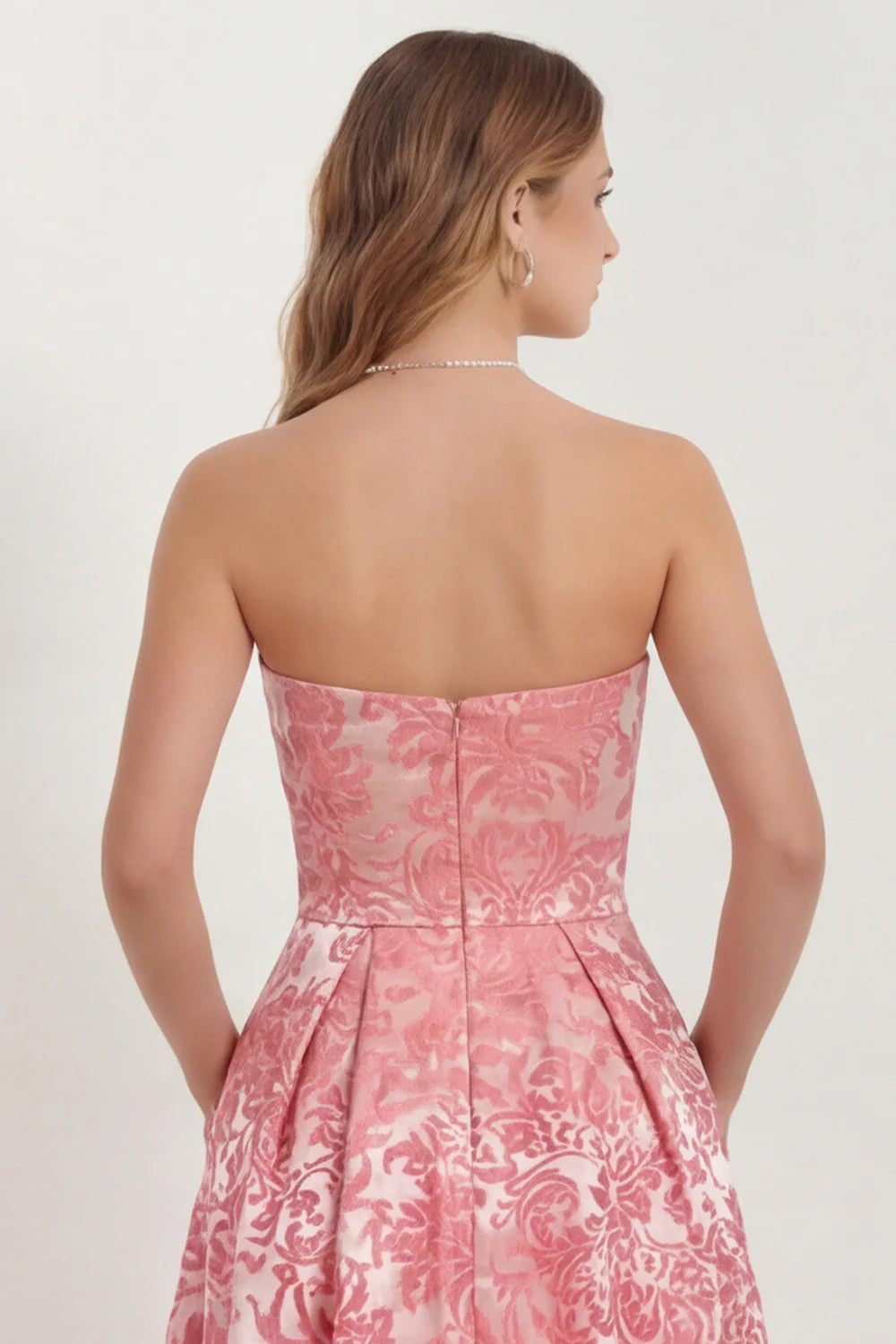 Hot Pink Strapless A Line Jacquard Long Bridesmaid Dress with Pockets