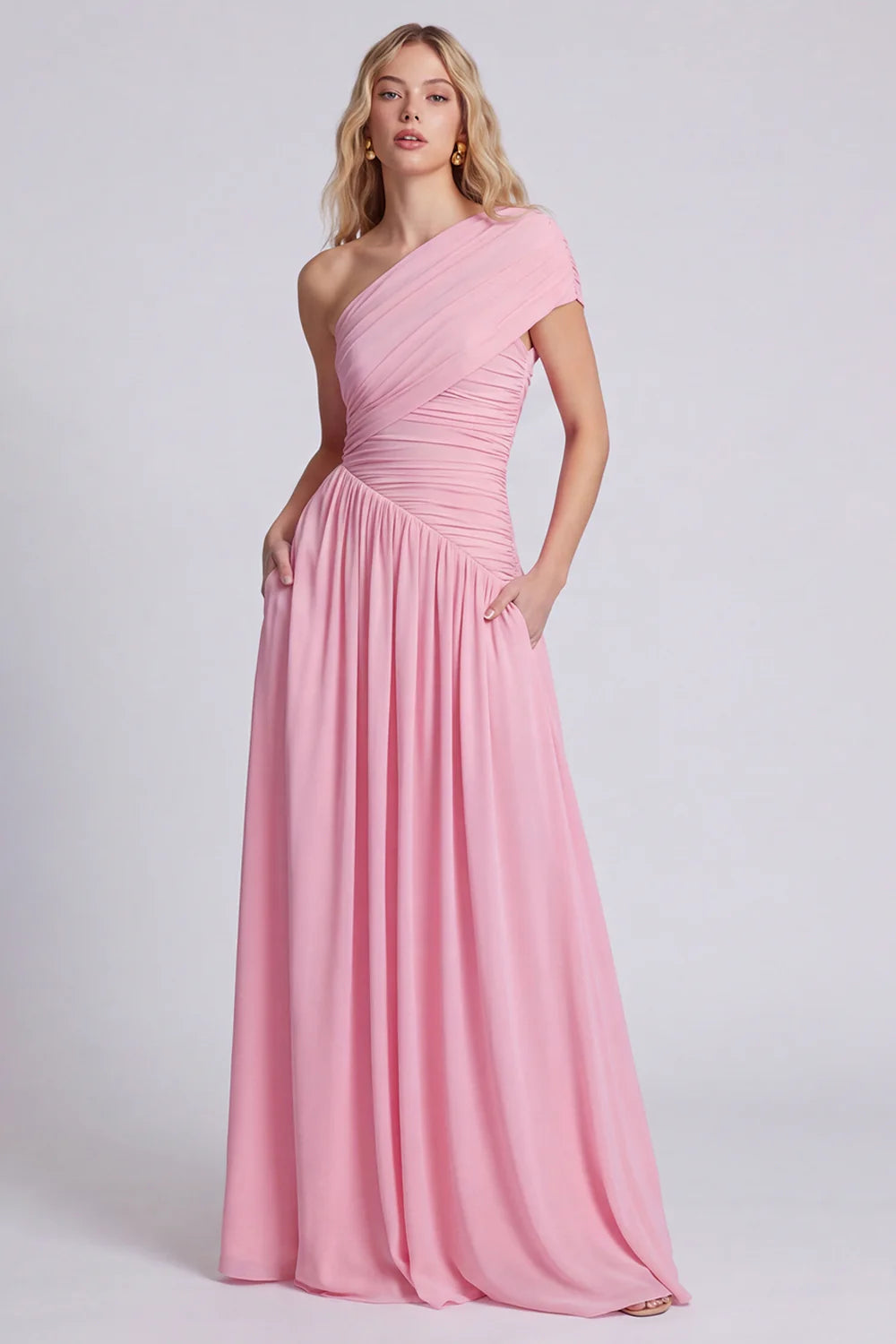 One Shoulder Pink A Line Ruched Bridesmaid Dress