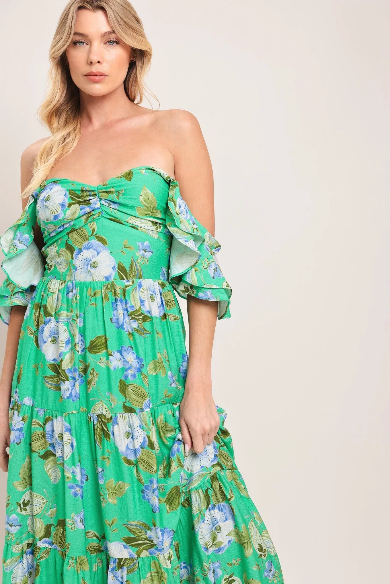 FRESH BLOSSOM GREEN FLORAL MAXI DRESS