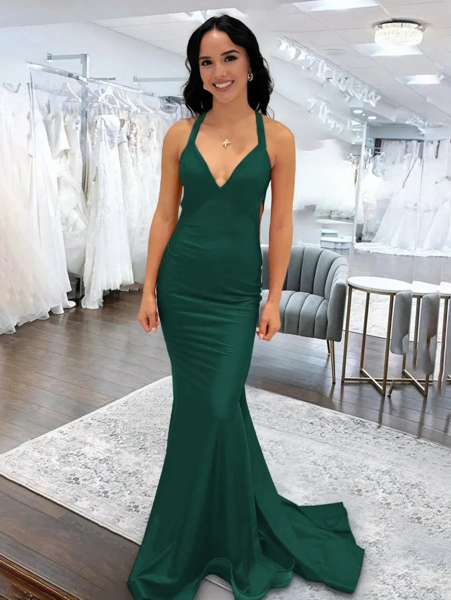 Angela Mermaid Pink V Neck Backless Satin Long Prom Dress