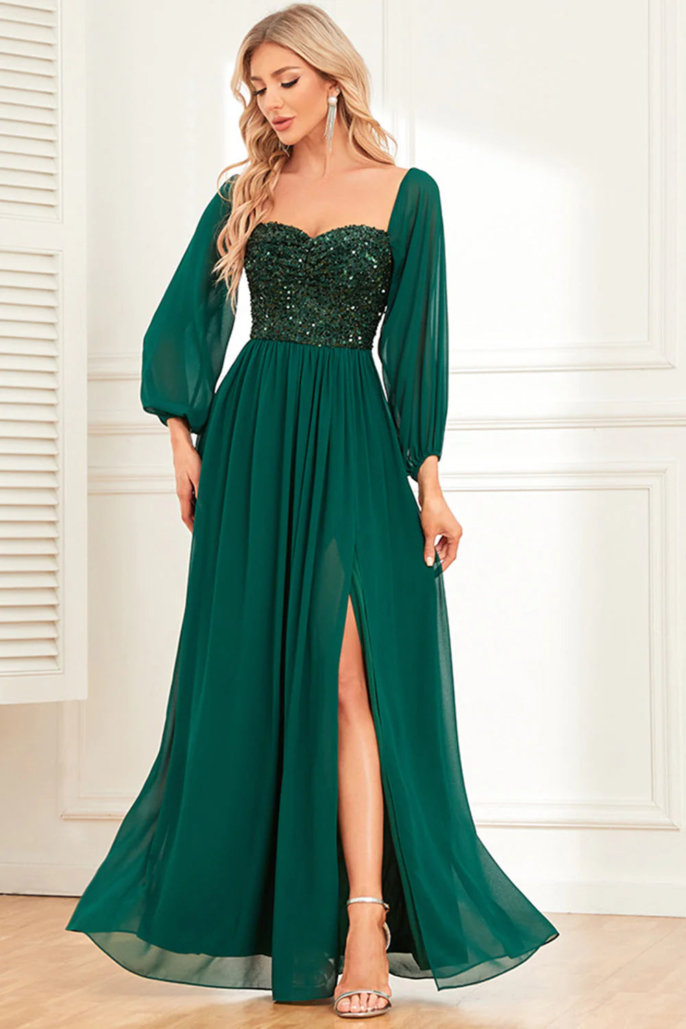 A Line Dark Green Sequins Prom Dress with Sleeves