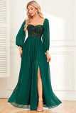 A Line Dark Green Sequins Prom Dress with Sleeves