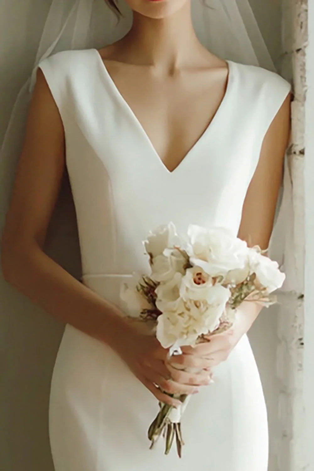 White Mermaid Satin V Neck Midi Rehearsal Dinner Dress