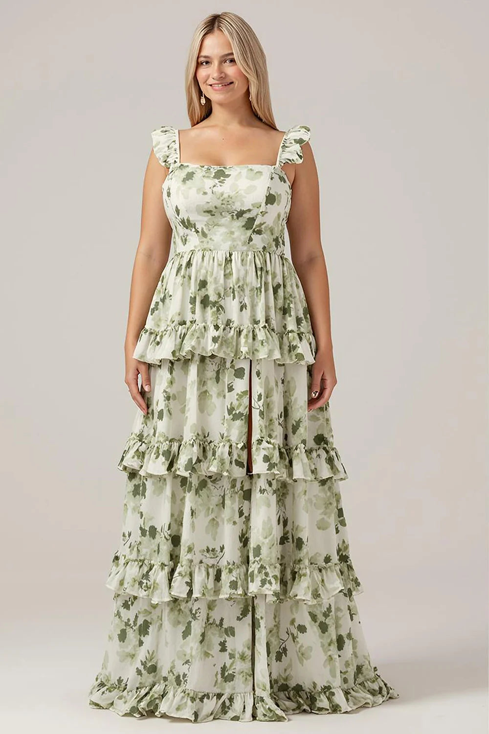 Green Flower A Line Printed Tiered Long Plus Size Bridesmaid Dress With Slit