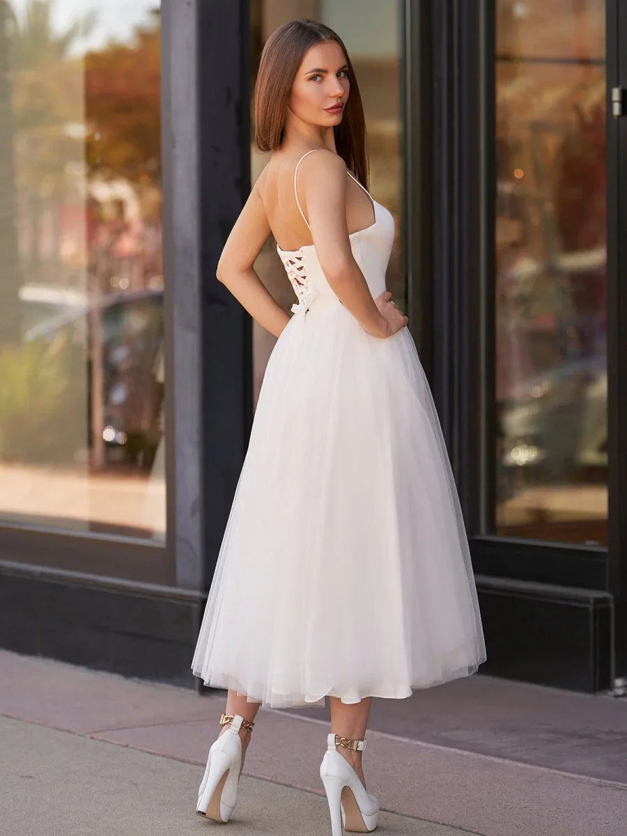 A Line Spaghetti Straps White Satin Tulle Tea Length Wedding Dresses