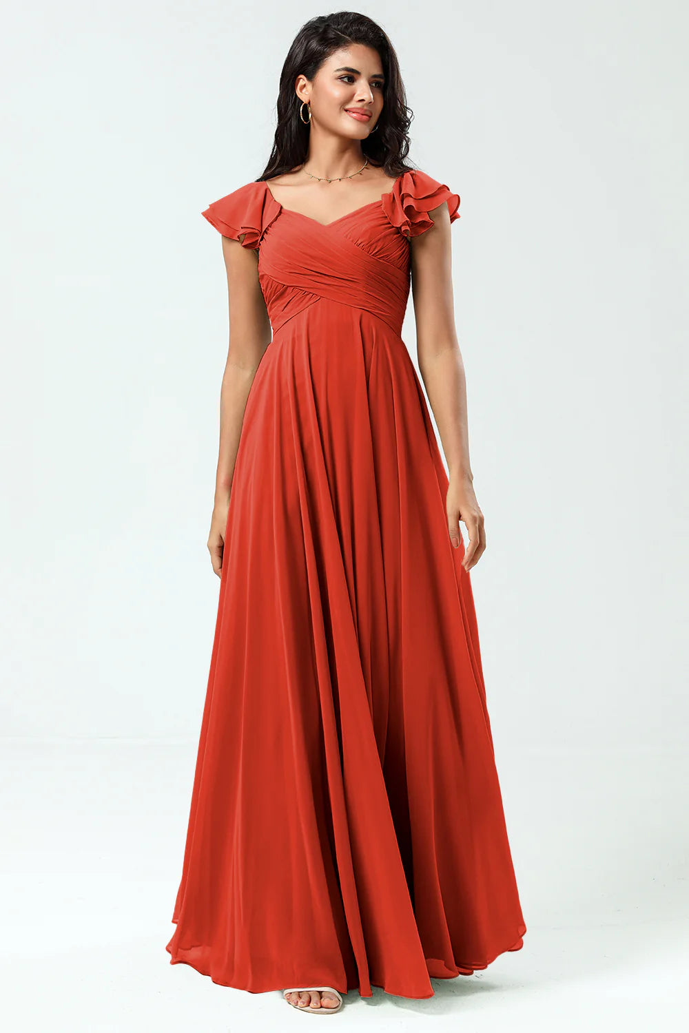 Lace Up Back Cross A Line Chiffon Bridesmaid Dress with Ruffles