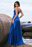 Ink Blue A Line Keyhole Satin Pleated Long Bridesmaid Dress with Slit