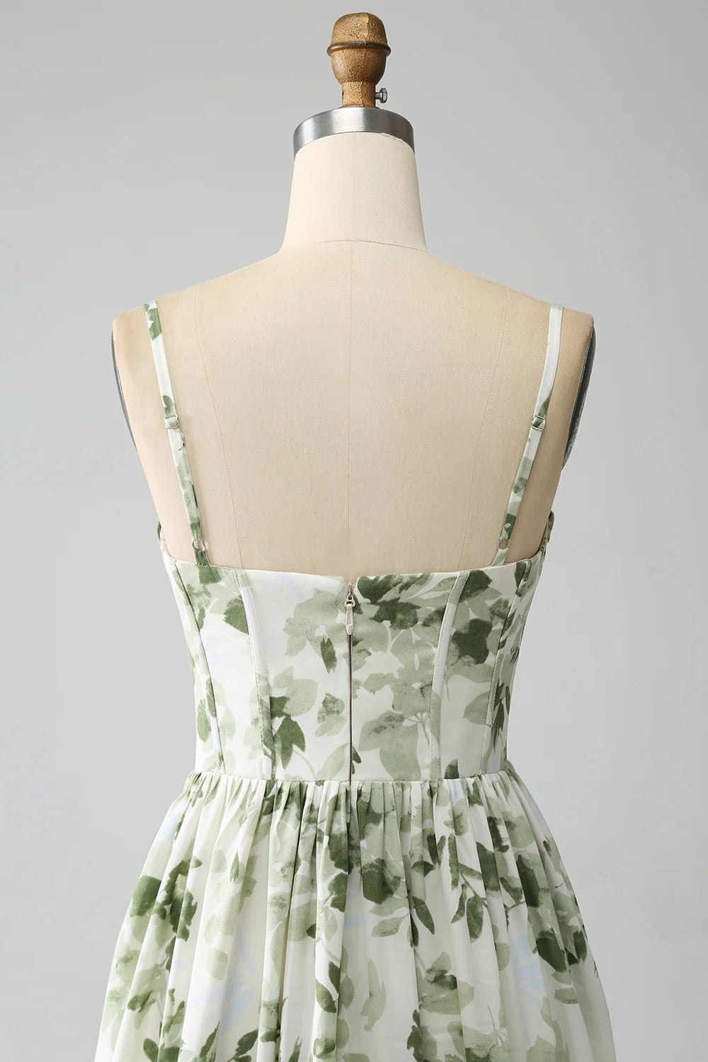 Green A Line Spaghetti Straps Printed Floral Maxi Dress With Slit