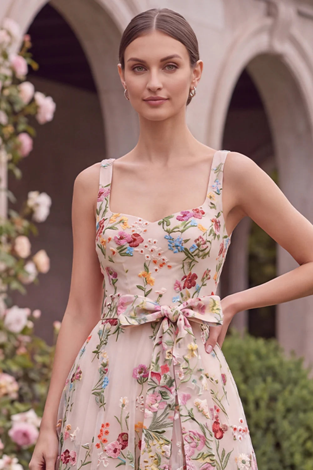 Pink Embroidered Floral A Line Midi Wedding Guest Dress with Bow