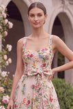 Pink Embroidered Floral A Line Midi Wedding Guest Dress with Bow