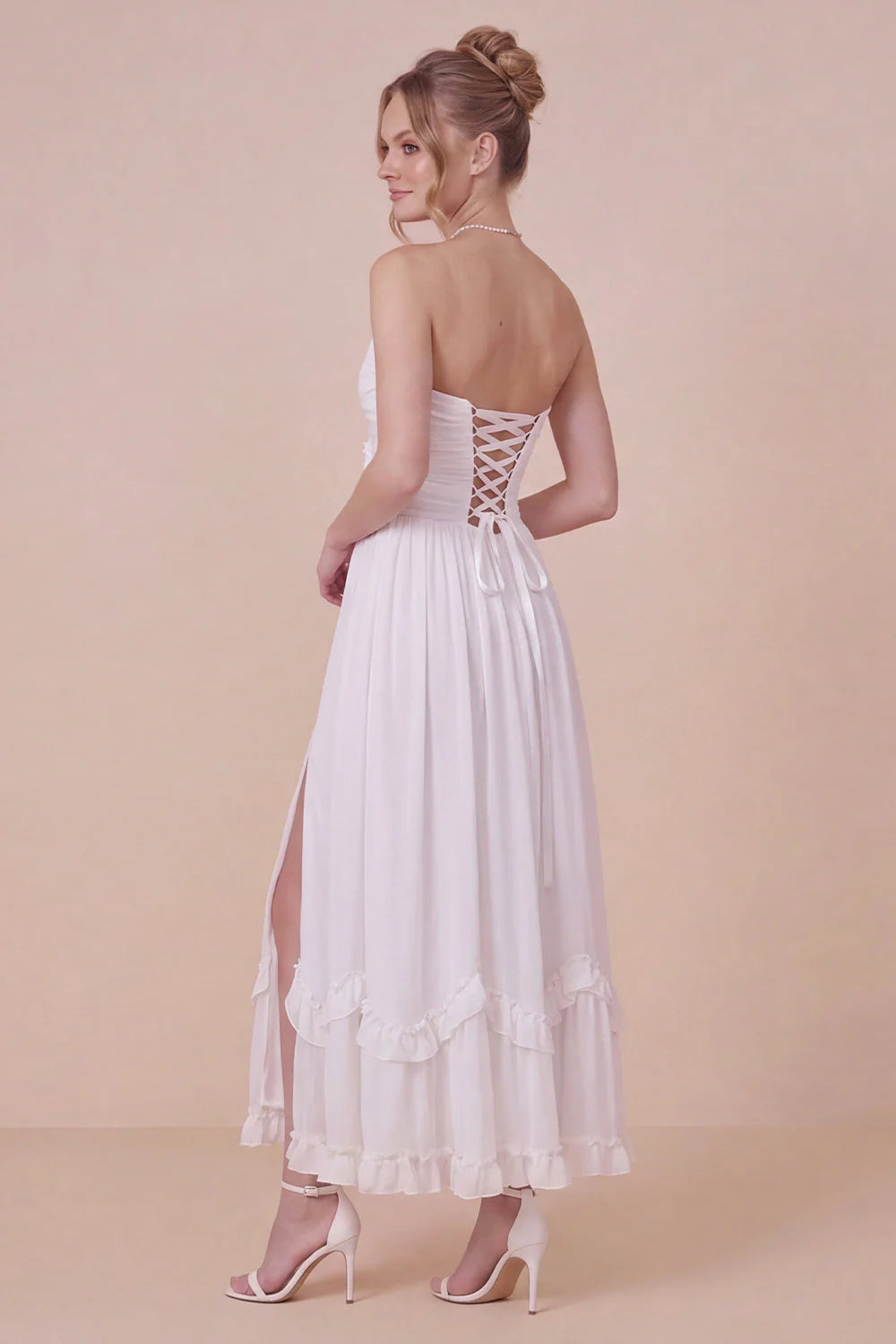Strapless A Line 3D Flower White Engagement Dress with Slit