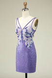 Sparkly Purple Sheath Sequins Short Homecoming Dress with Lace Up Back