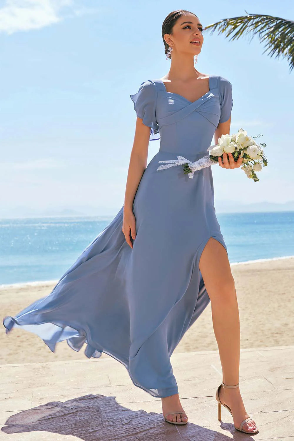 Grey Blue A Line Chiffon Lace Up Back Bridesmaid Dress with Slit