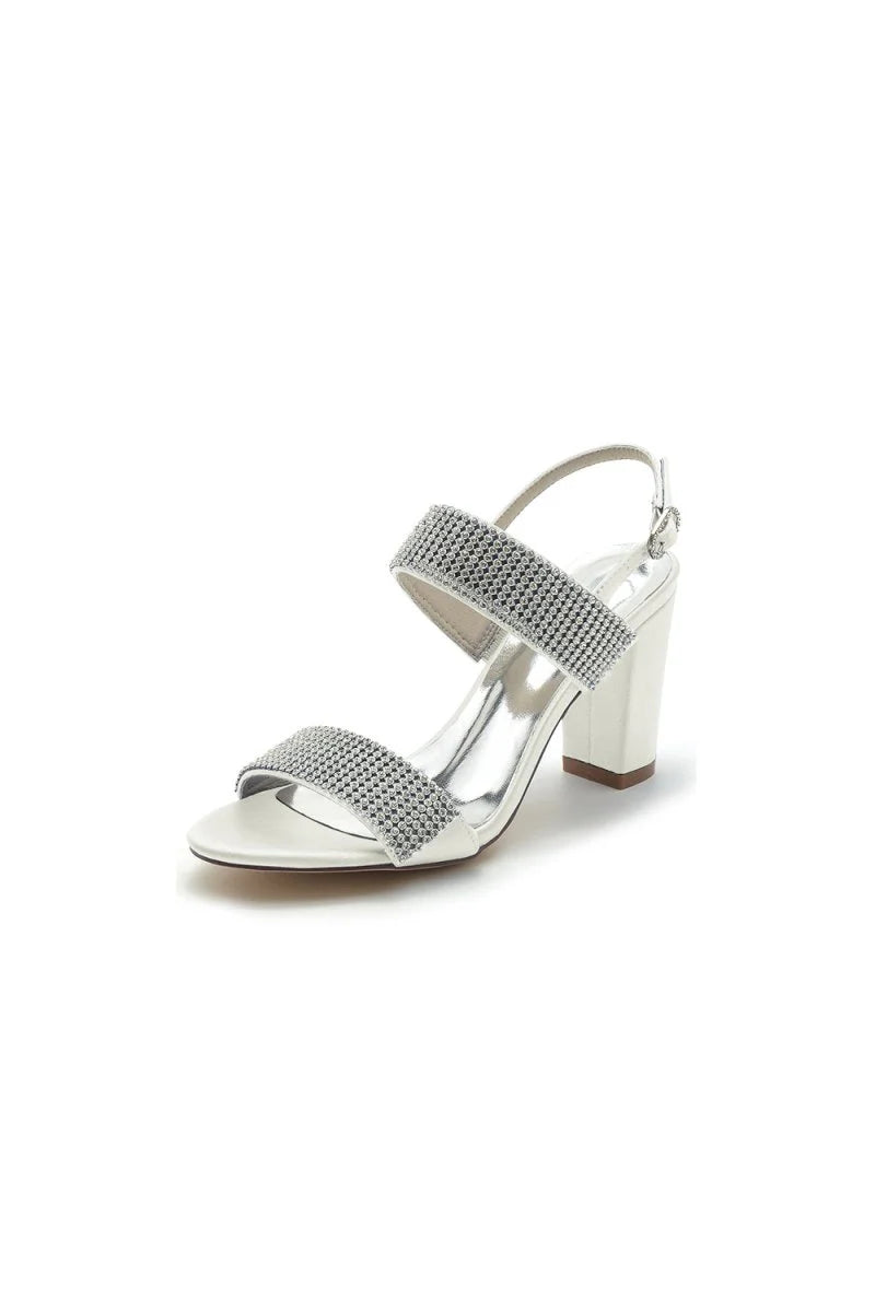 Open Toe Beaded Buckle Satin Chunky Heels