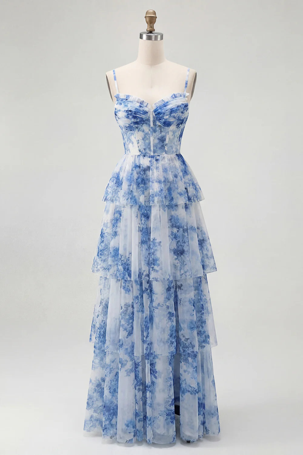 Dusty Sage A Line Corset Tiered Print Floral Long Bridesmaid Dress with Slit