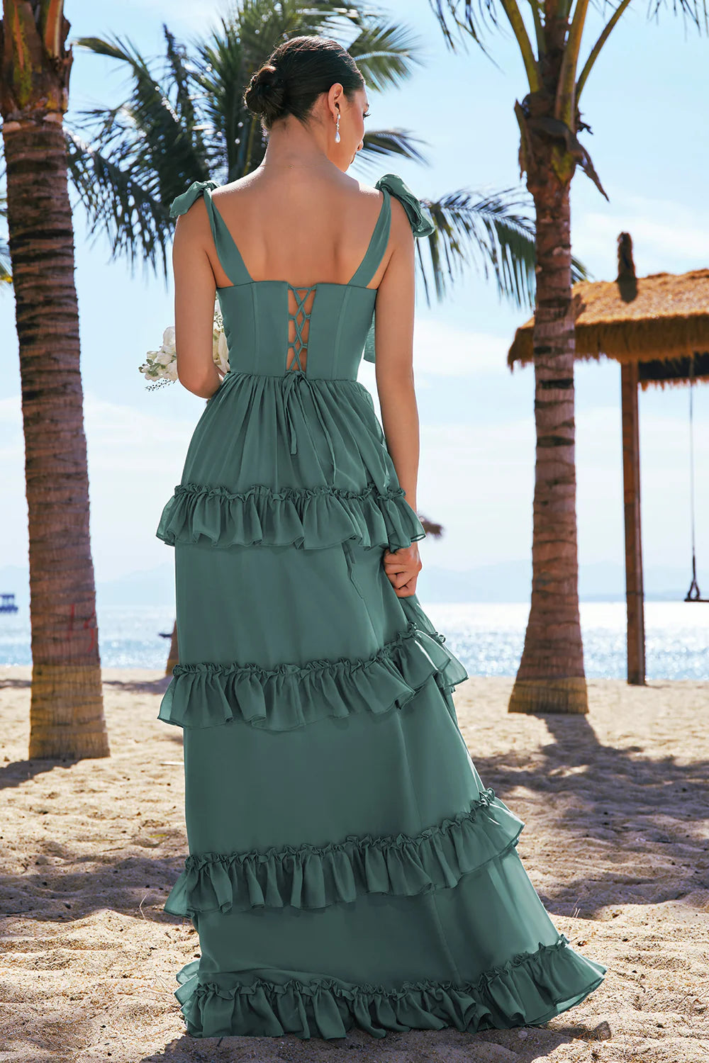 Eucalyptus A Line Bow Tie Straps Corset Tiered Long Bridesmaid Dress with Slit