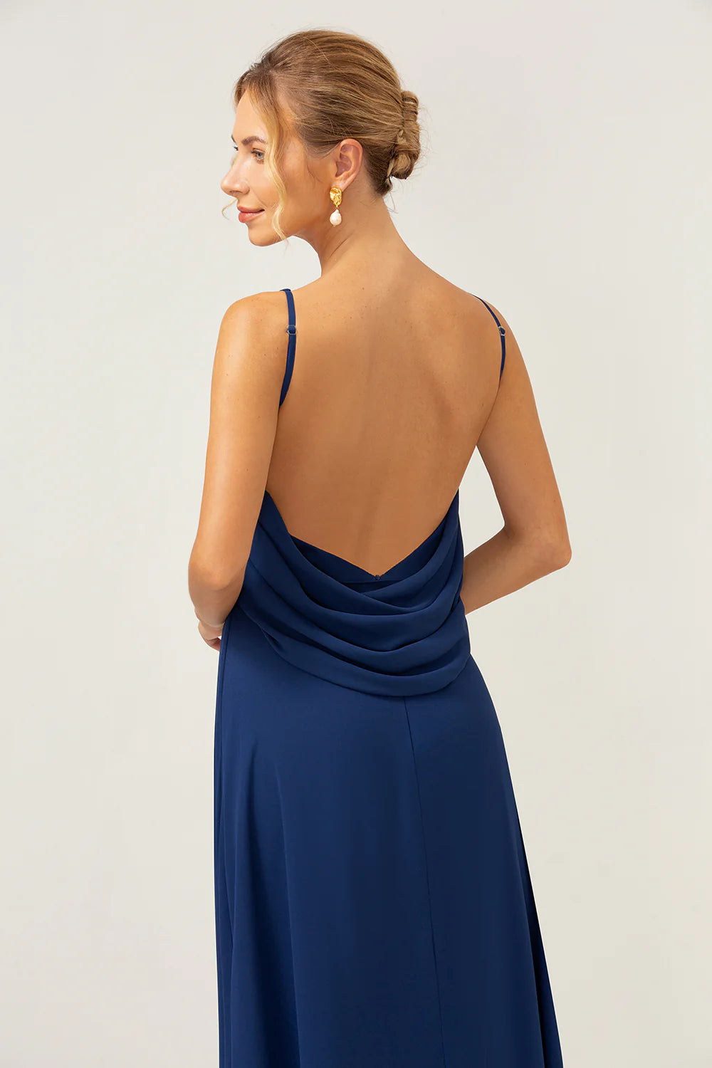 Mermaid Backless Long Chiffon Navy Bridesmaid Dress with Sleeveless