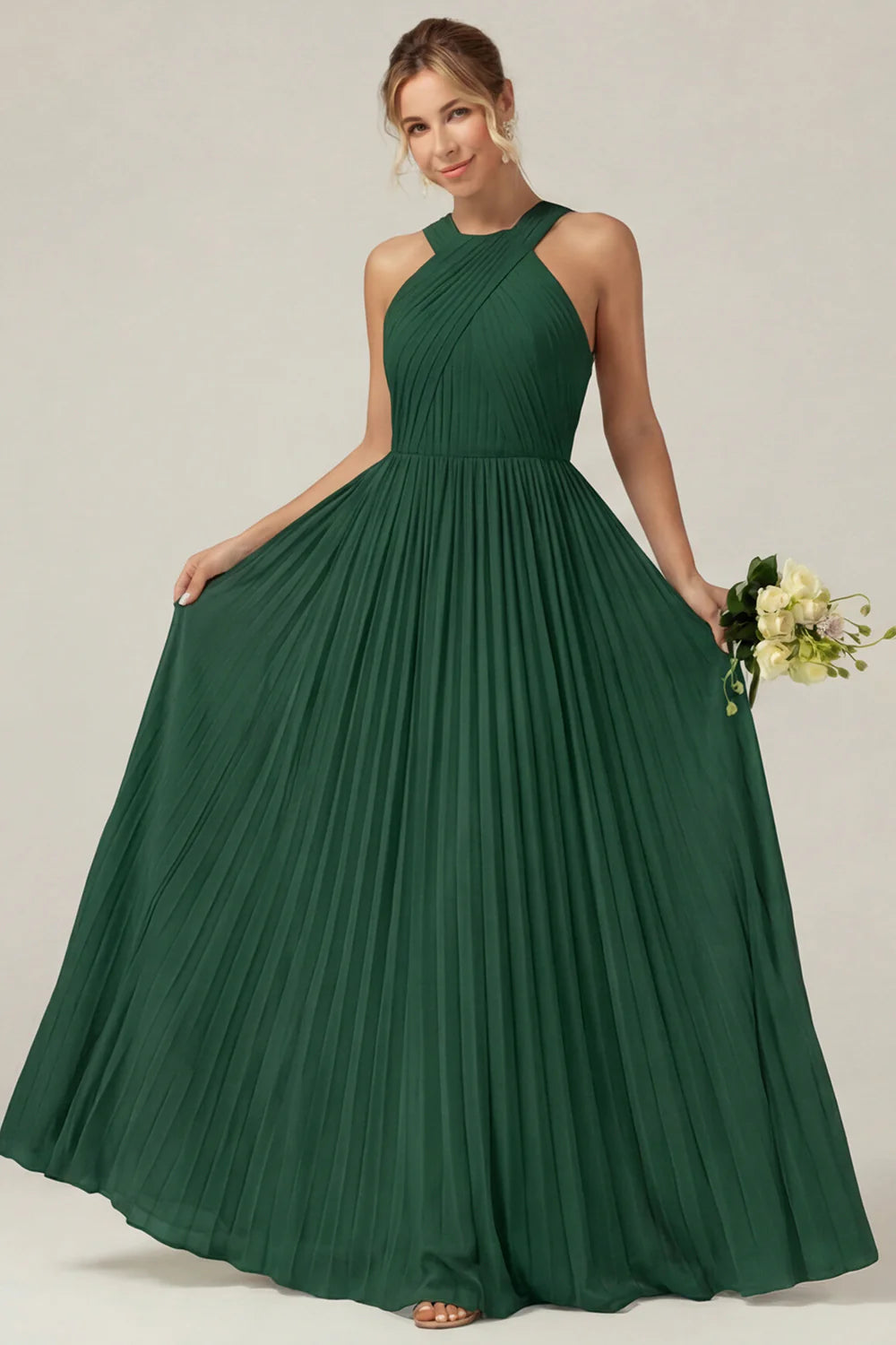 Dusty Sage A Line Halter Pleated Long Bridesmaid Dress