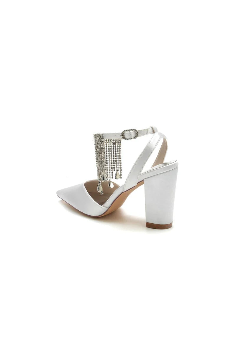 Pointed Toe Beading Tassel Satin Chunky Heels