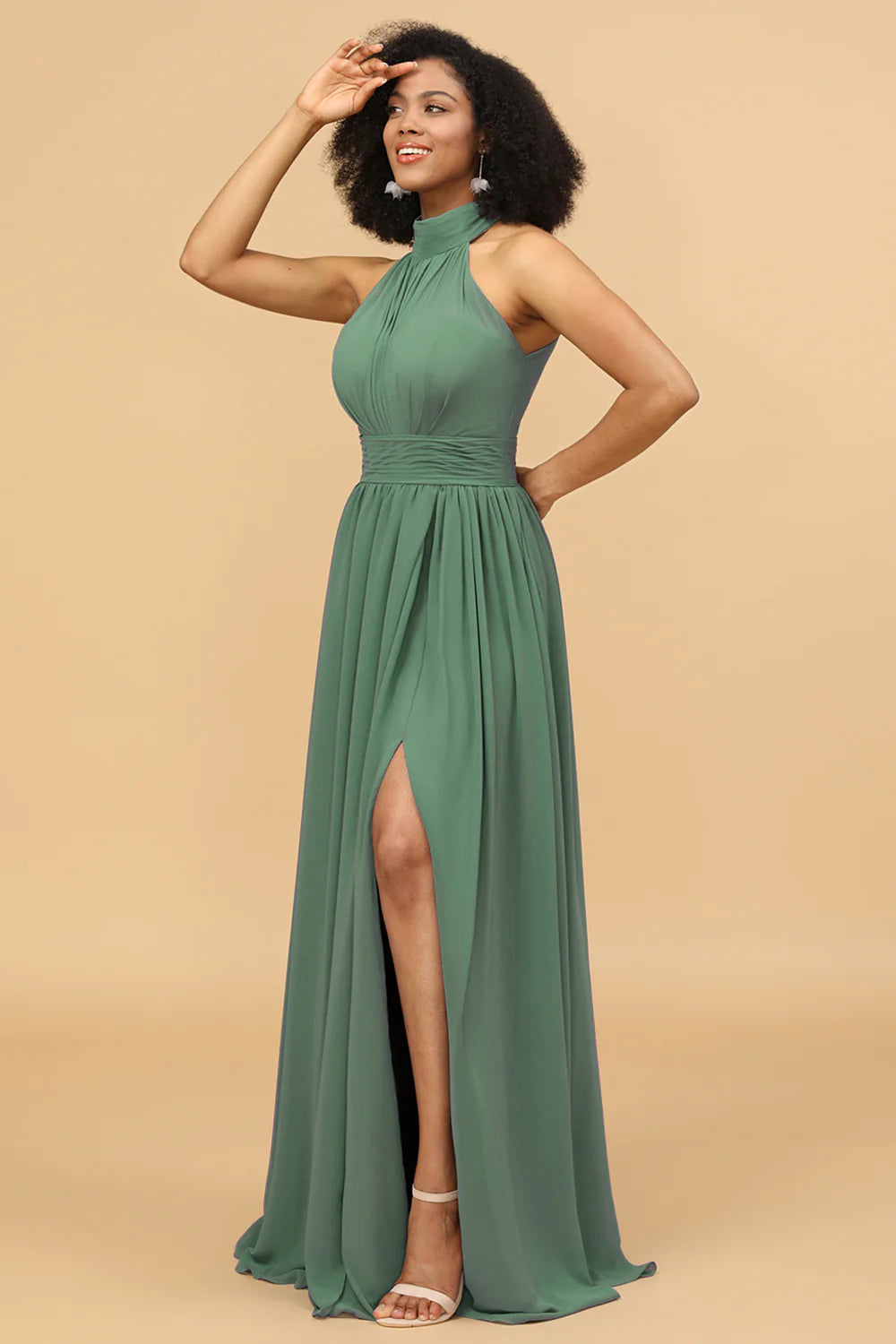 A Line Halter Ruched Floor Length Chiffon Bridesmaid Dress with Slit