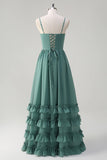 Eucalyptus A Line Spaghetti Straps Corset Ruffled Long Bridesmaid Dress with Slit