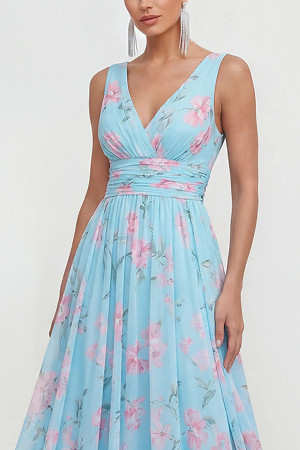 Floral A Line V Neck Sleeveless Blue Wedding Guest Dress