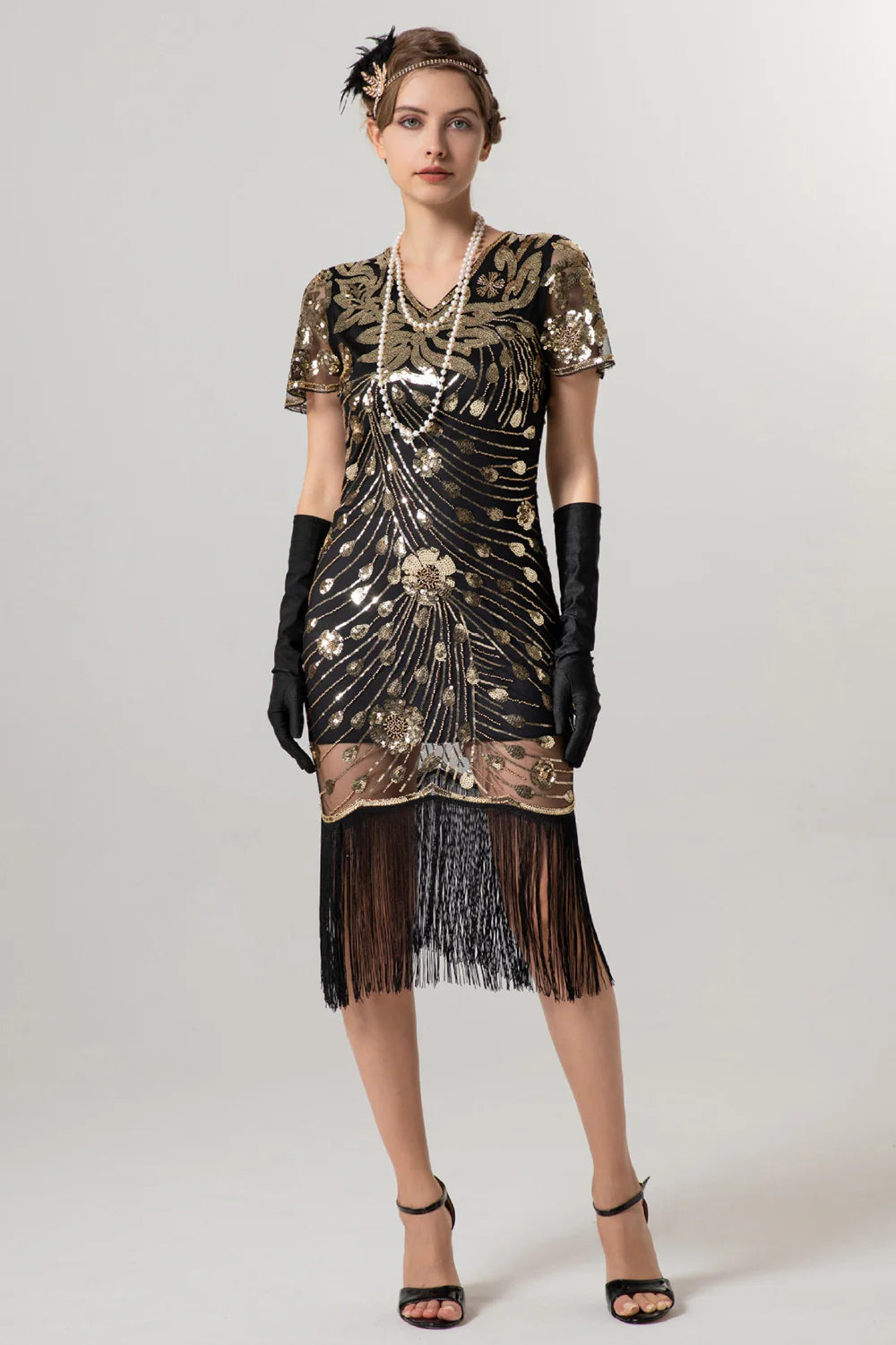 Black Sheath Fringed Midi V Neck 1920s Dress with Sequins