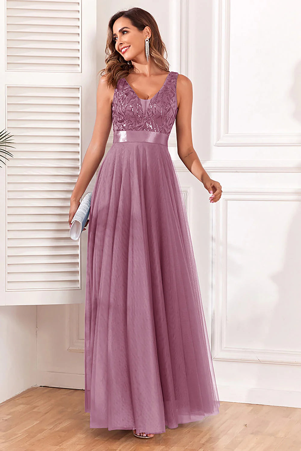 Sparkly Blue A Line V Neck Mother of the Bride Dress
