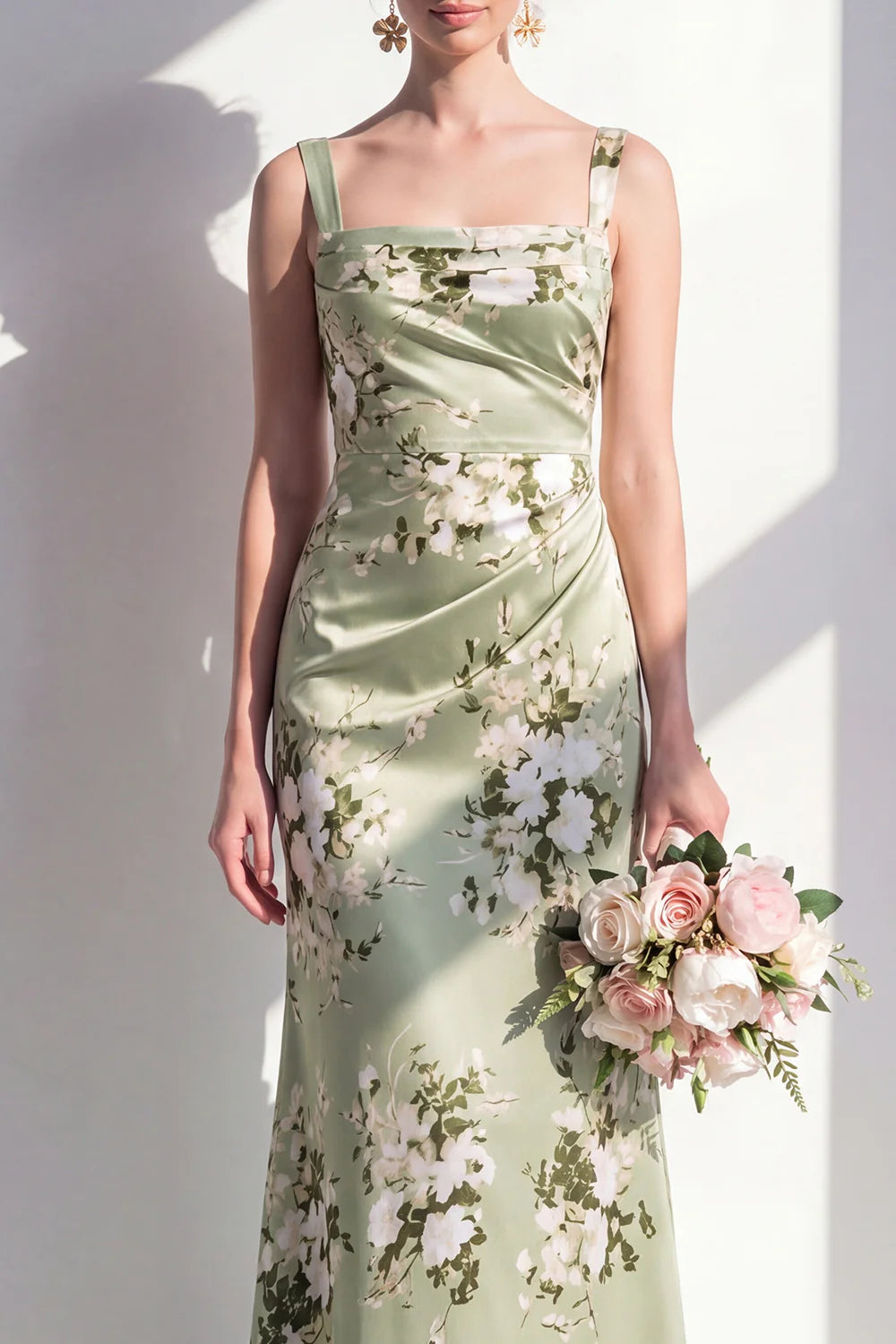 Sage Green Floral Mermaid Square Neck Bridesmaid Dress