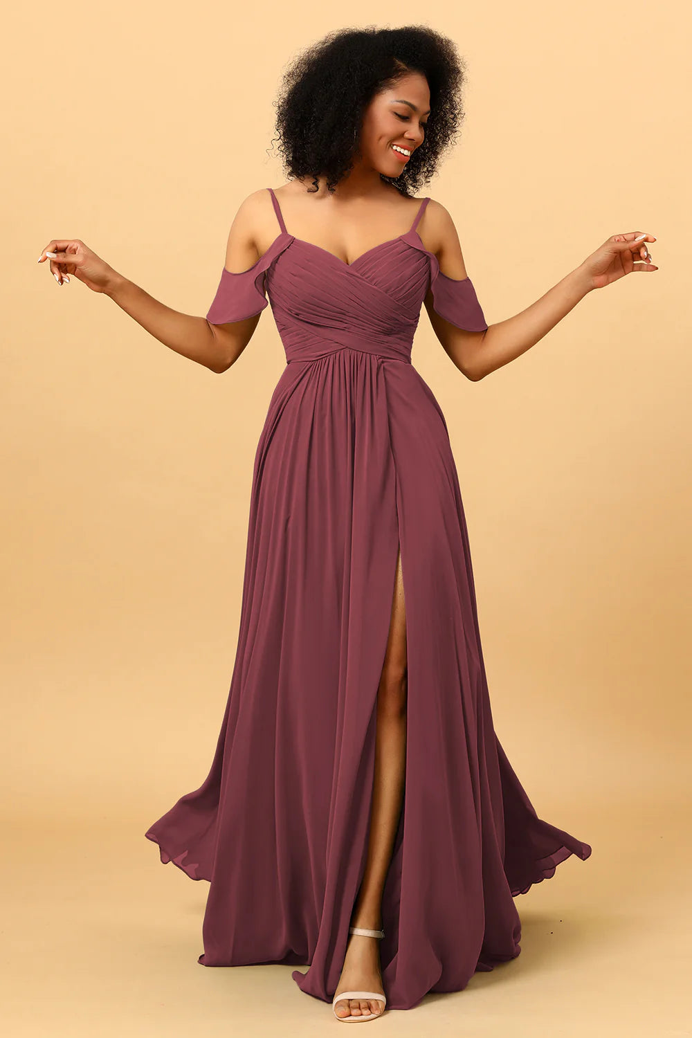 A Line Spaghetti Straps Long Chiffon Bridesmaid Dress With Slit