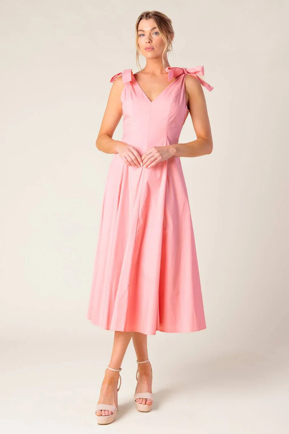 SWEET NOTHINGS SHOULDER BOW MIDI DRESS PEACH