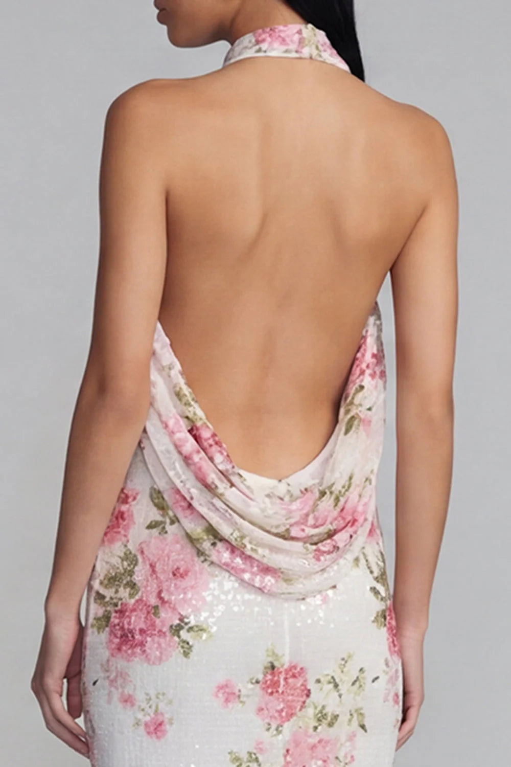 Halter Pink Floral Mermaid Maxi Wedding Guest Dress