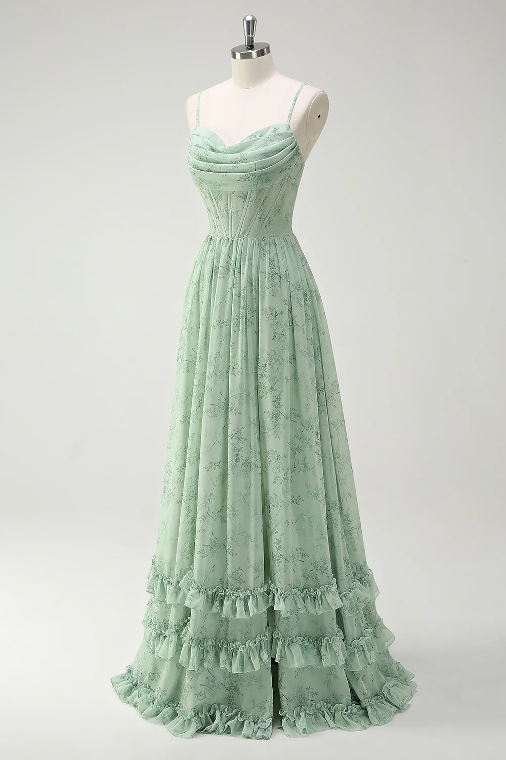Green Floral A Line Cowl Neck Corset Long Bridesmaid Dress with Ruffle Slit