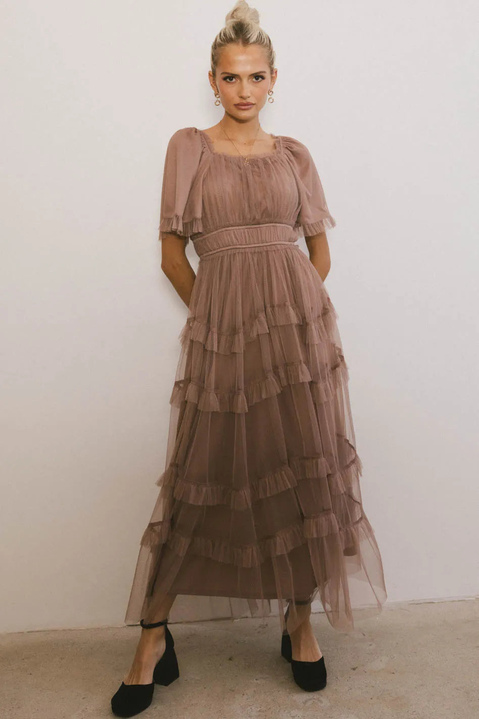Eugena Ruffled Maxi Dress in Mocha FINAL SALE