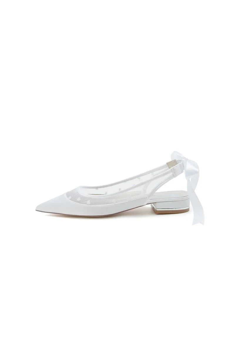 Satin Pointed Toe Mesh Low Heels With Bow