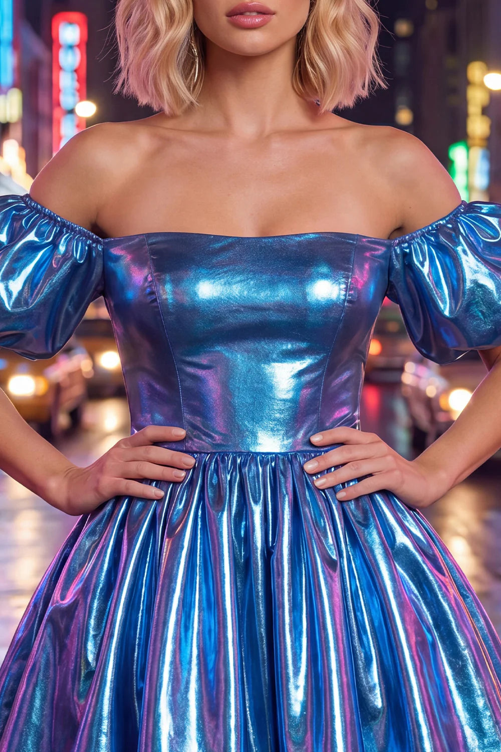 Fuchsia Metallic Off the Shoulder A Line Homecoming Dress with Puff Sleeves